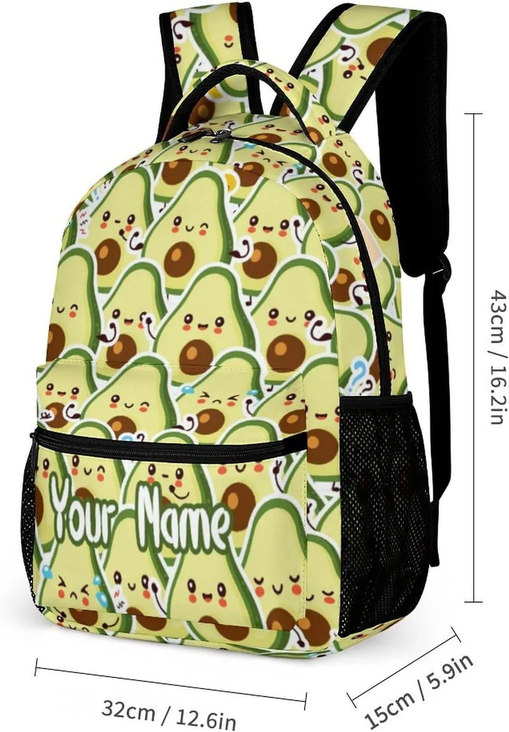 Custom Avocado Backpack with Lunch Box & Pencil Case for Kids Girls Boys School, 16 Inch Cute Avocado Bookbag, School Backpack for Students Children, Lightweight, Large Capacity