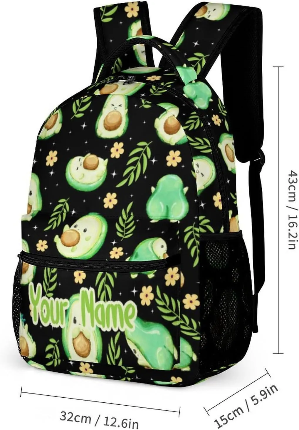 Custom Avocado School Backpack for Kids Girls Boys, 16 Inch Cute Avocado Themed Bookbag, Personalized School Backpack for Students Children, Lightweight, Large Capacity