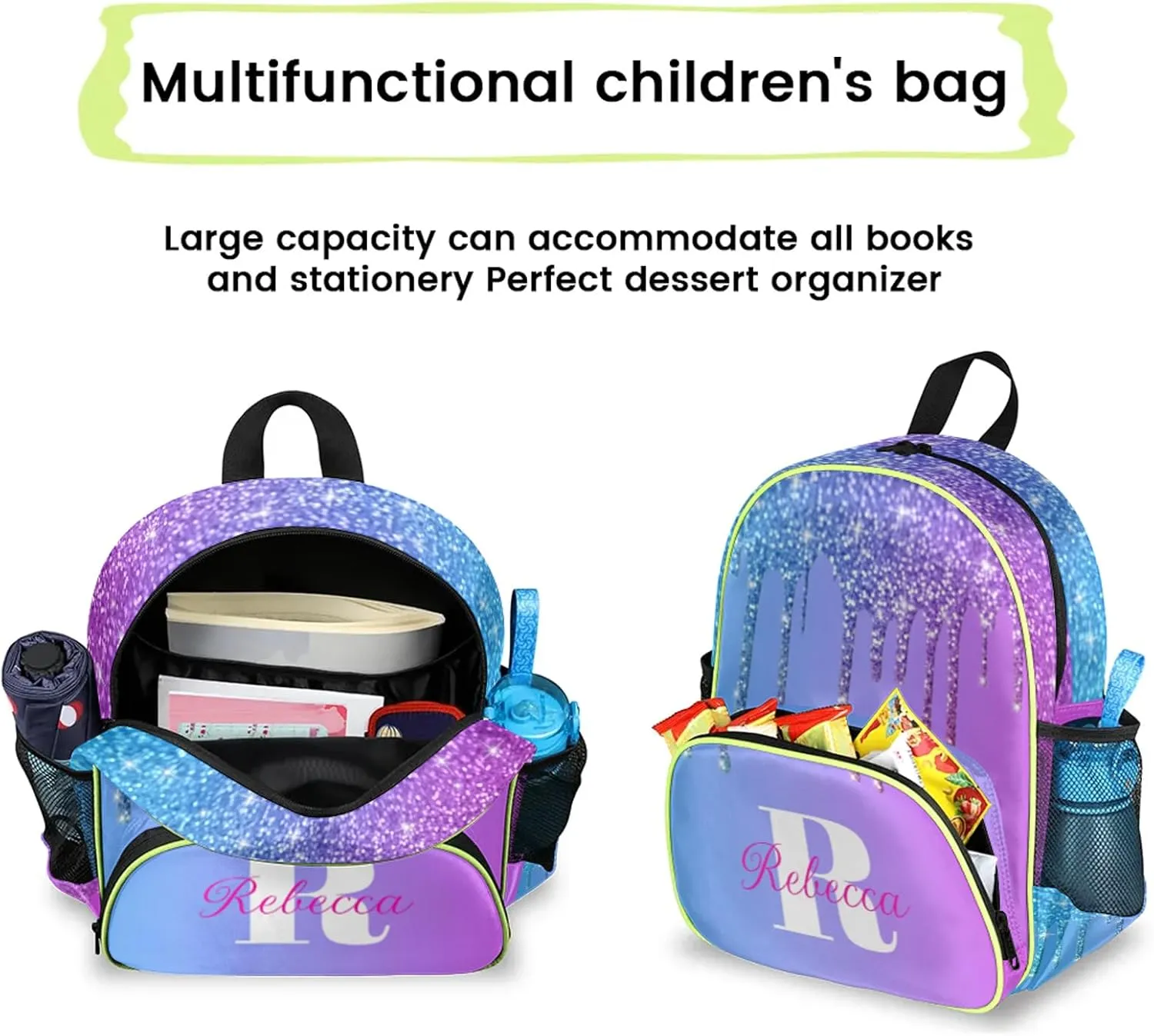 Custom Backpack with Initial & Name Personalized Small Shoulder Bag Waterproof Travel Casual Backpack with Chest Strap 14.2in, Blue Purple