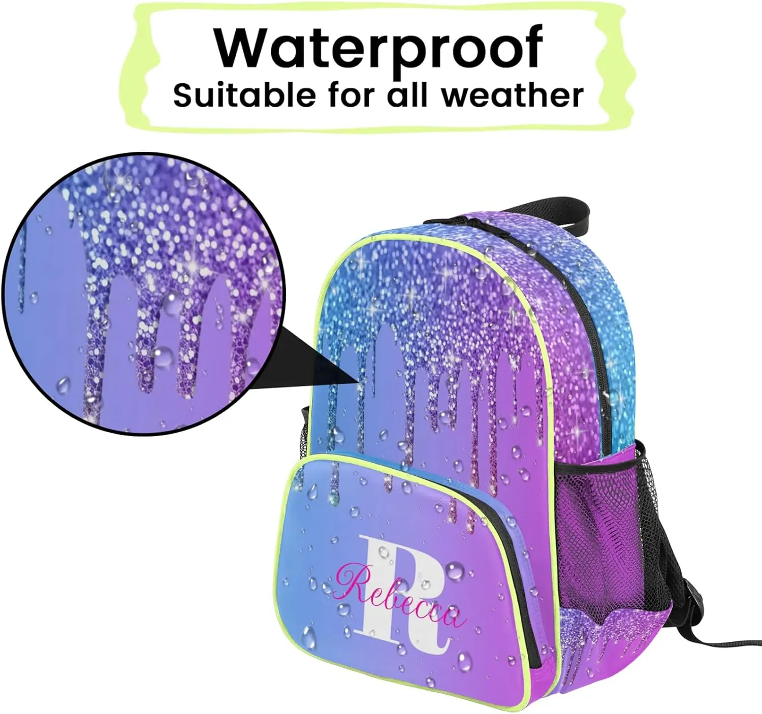 Custom Backpack with Initial & Name Personalized Small Shoulder Bag Waterproof Travel Casual Backpack with Chest Strap 14.2in, Blue Purple