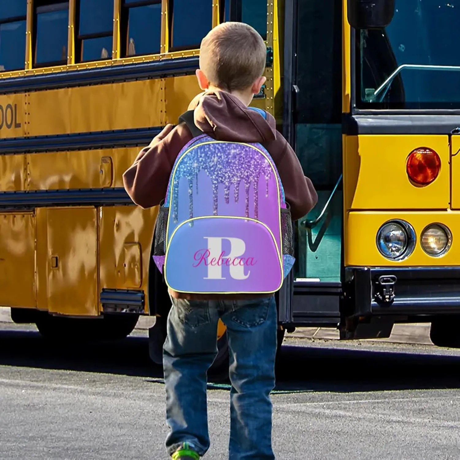 Custom Backpack with Initial & Name Personalized Small Shoulder Bag Waterproof Travel Casual Backpack with Chest Strap 14.2in, Blue Purple