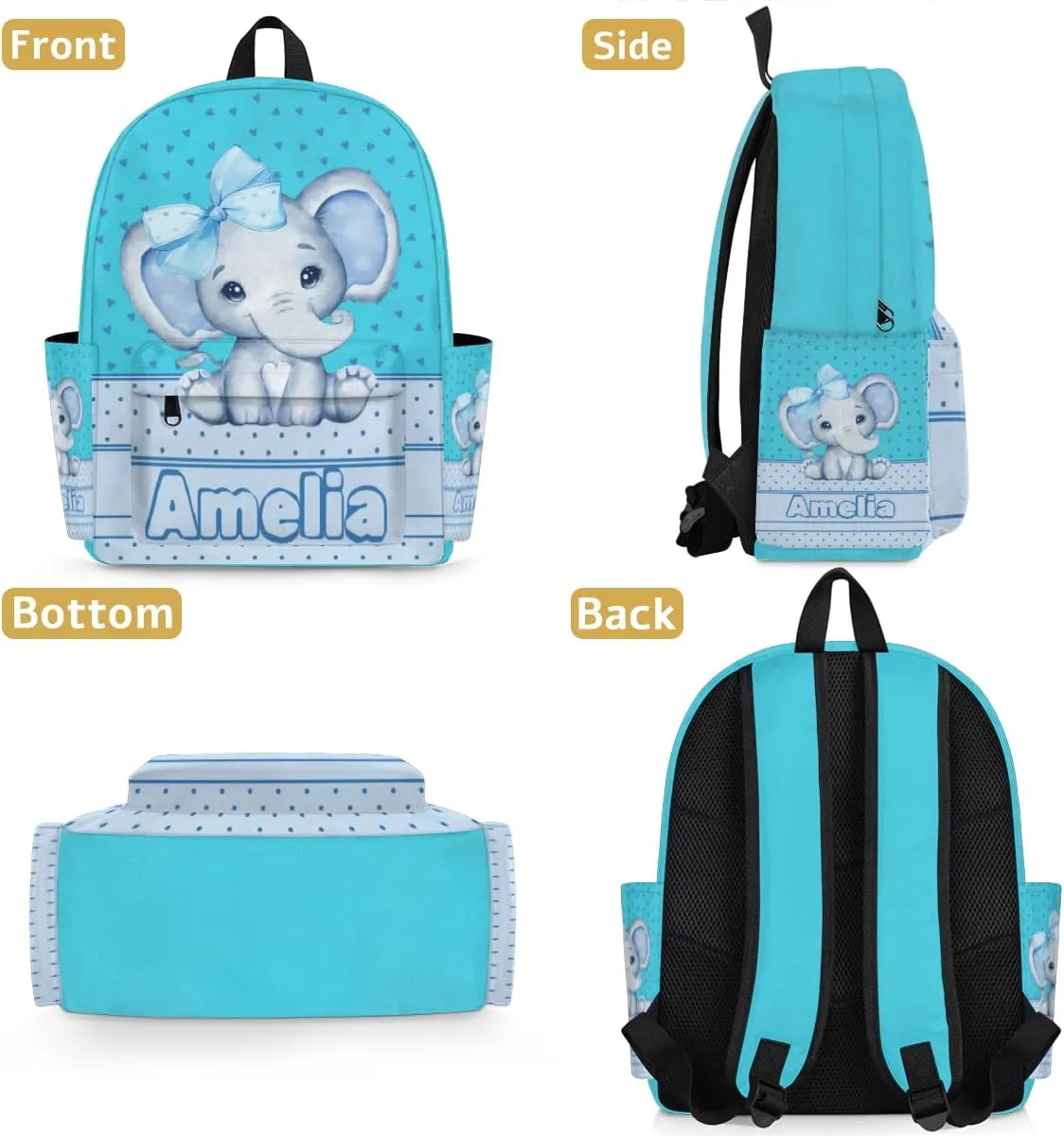 Custom Backpack with Name, Personalized Nmae Text Travel Backpack, Light Sky Blue Elephant with Bow Tie, Love Hearts, Lake Blue