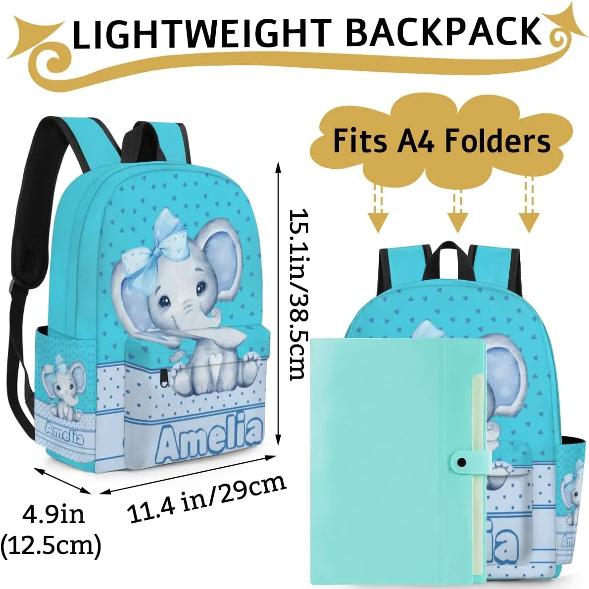 Custom Backpack with Name, Personalized Nmae Text Travel Backpack, Light Sky Blue Elephant with Bow Tie, Love Hearts, Lake Blue