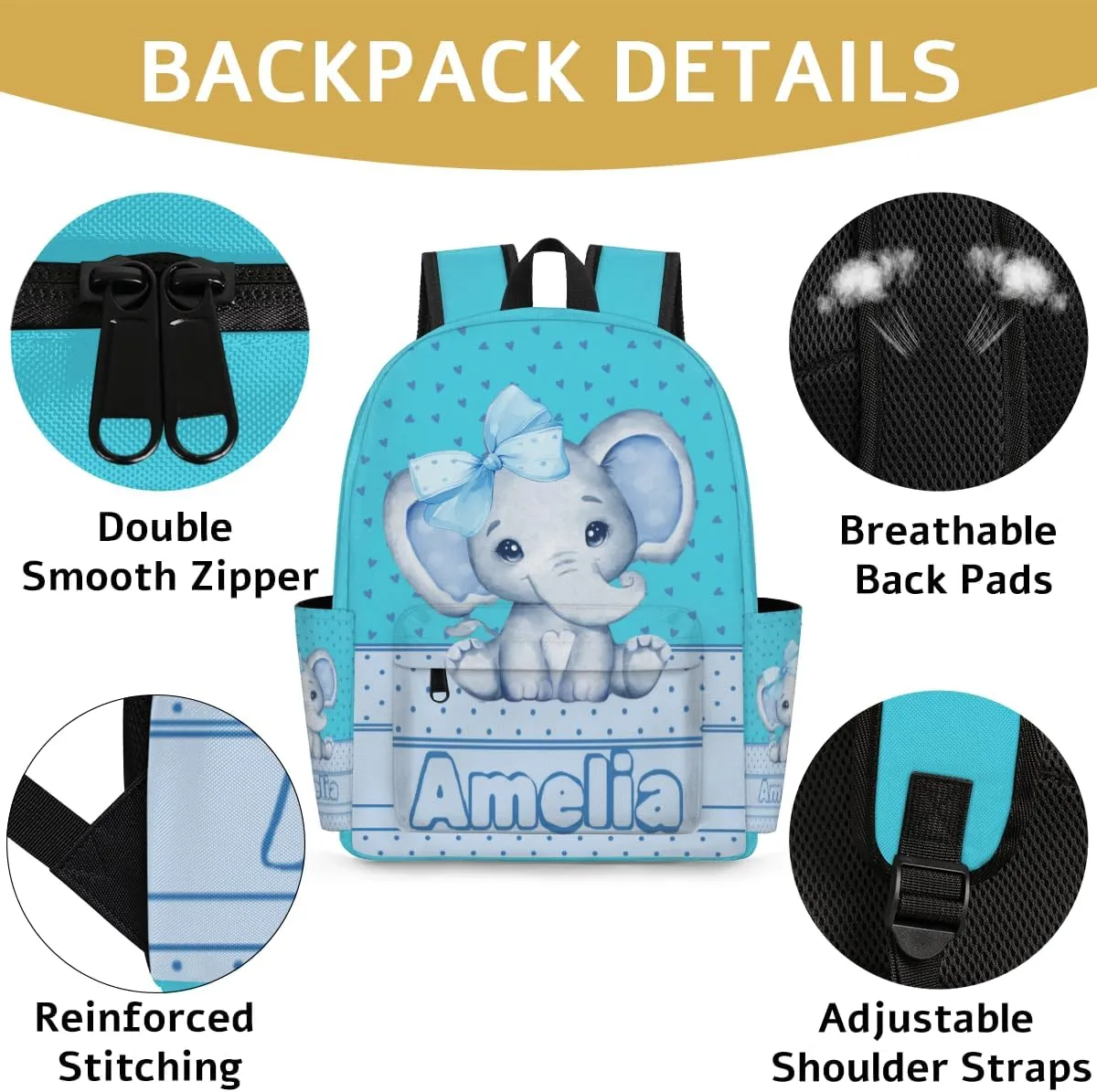 Custom Backpack with Name, Personalized Nmae Text Travel Backpack, Light Sky Blue Elephant with Bow Tie, Love Hearts, Lake Blue
