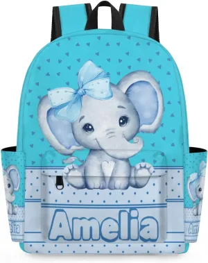 Custom Backpack with Name, Personalized Nmae Text Travel Backpack, Light Sky Blue Elephant with Bow Tie, Love Hearts, Lake Blue
