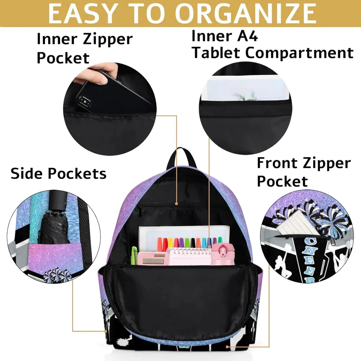Custom Cheer Backpack for Women Cheerleaders, Personalized Waterproof Casual Daypack Bag with Name for Camping Hiking, Colorful Glitter Shoulder Bag