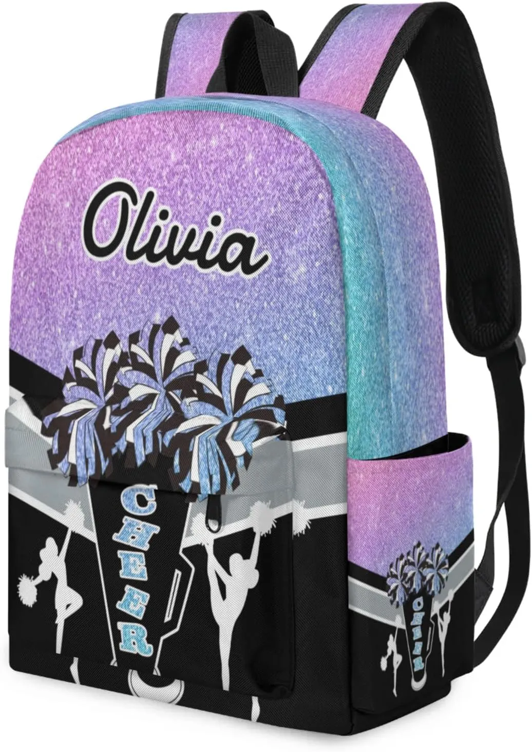 Custom Cheer Backpack for Women Cheerleaders, Personalized Waterproof Casual Daypack Bag with Name for Camping Hiking, Colorful Glitter Shoulder Bag