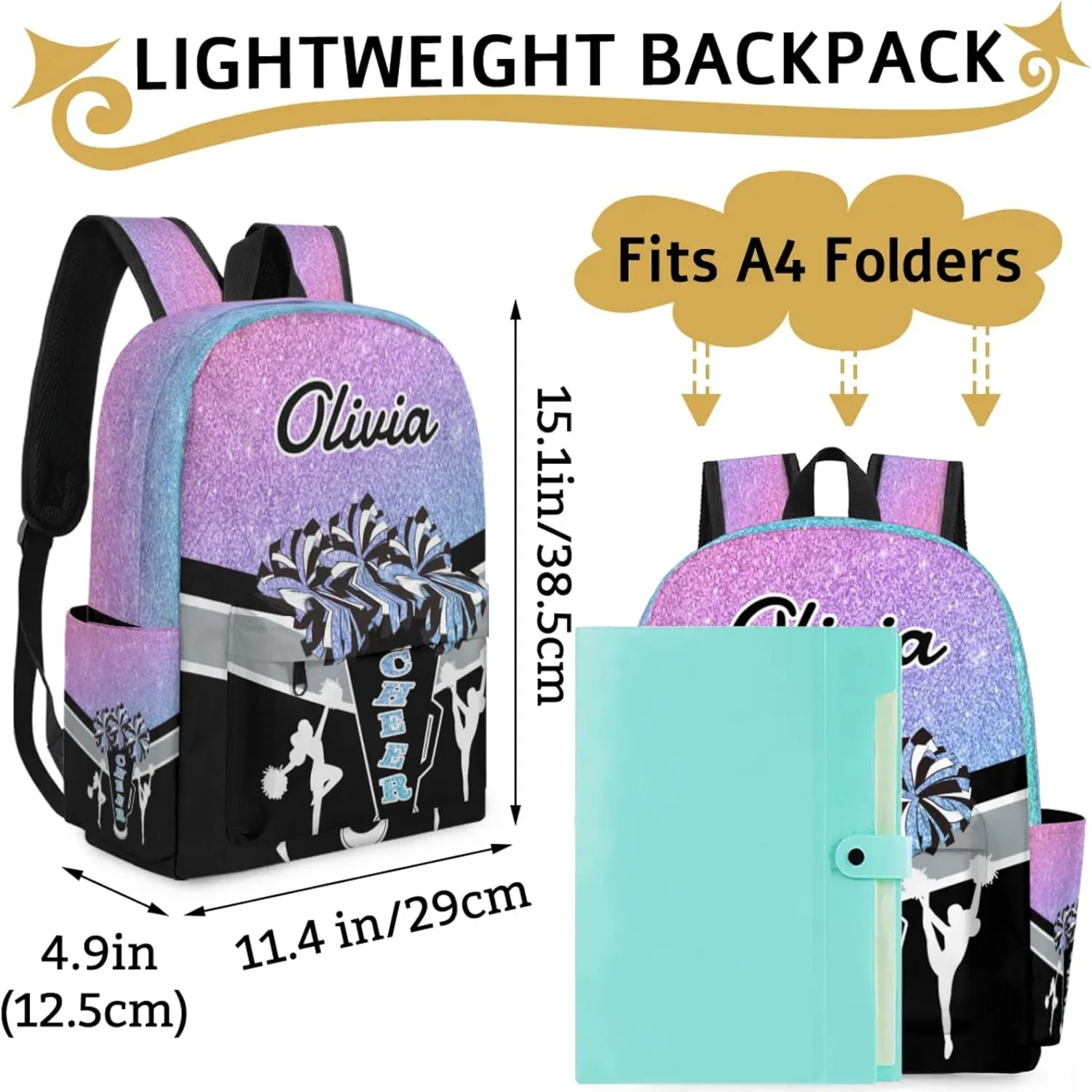 Custom Cheer Backpack for Women Cheerleaders, Personalized Waterproof Casual Daypack Bag with Name for Camping Hiking, Colorful Glitter Shoulder Bag