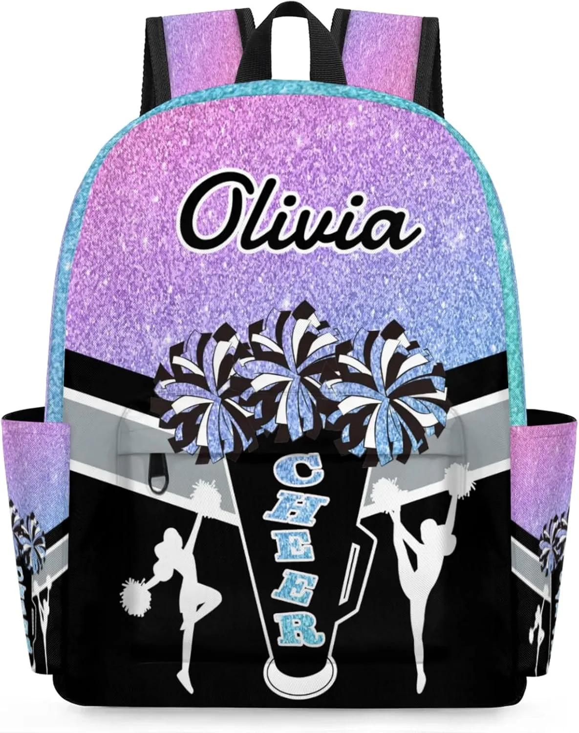 Custom Cheer Backpack for Women Cheerleaders, Personalized Waterproof Casual Daypack Bag with Name for Camping Hiking, Colorful Glitter Shoulder Bag