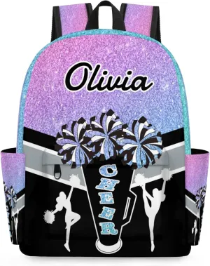 Custom Cheer Backpack for Women Cheerleaders, Personalized Waterproof Casual Daypack Bag with Name for Camping Hiking, Colorful Glitter Shoulder Bag