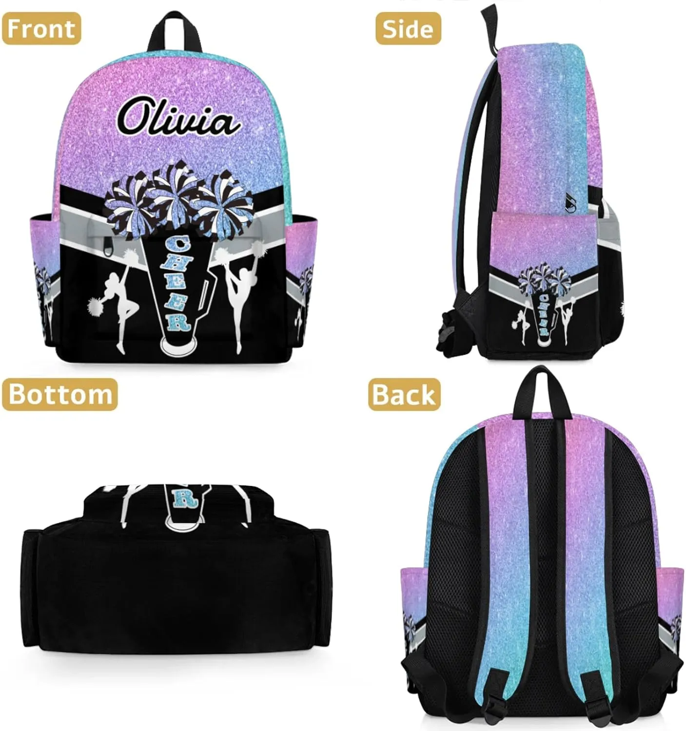 Custom Cheer Backpack for Women Cheerleaders, Personalized Waterproof Casual Daypack Bag with Name for Camping Hiking, Colorful Glitter Shoulder Bag