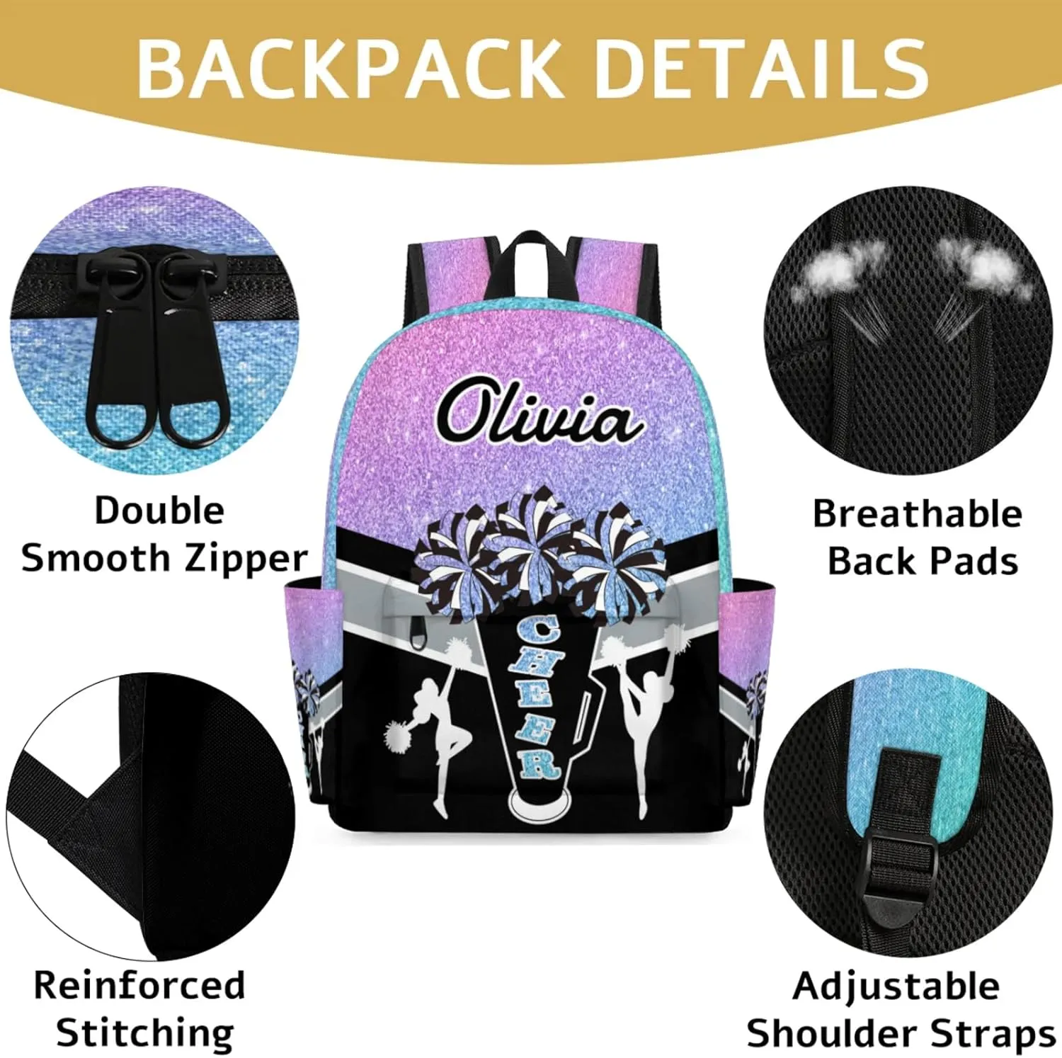 Custom Cheer Backpack for Women Cheerleaders, Personalized Waterproof Casual Daypack Bag with Name for Camping Hiking, Colorful Glitter Shoulder Bag