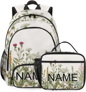 Custom Colorful Wildflower Backpack and Lunch Box Set Personalized Backpack with Name, Customized Flower Floral Lightweight Waterproof Travel Casual Daypacks