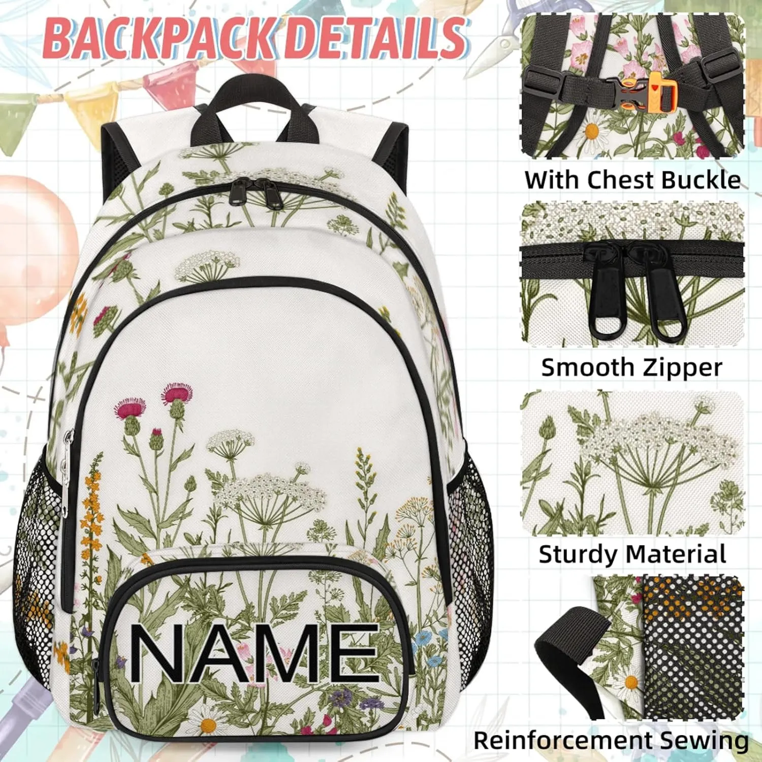 Custom Colorful Wildflower Backpack and Lunch Box Set Personalized Backpack with Name, Customized Flower Floral Lightweight Waterproof Travel Casual Daypacks