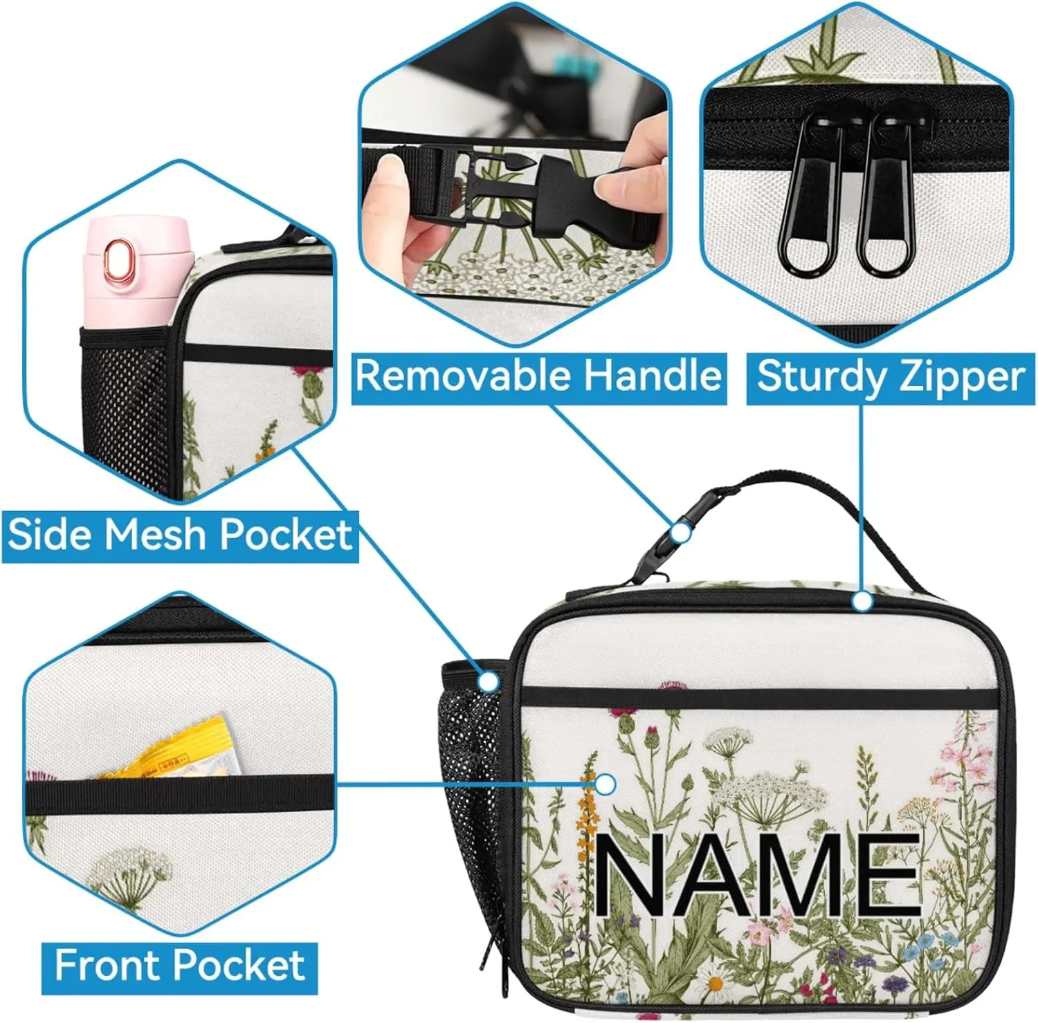 Custom Colorful Wildflower Backpack and Lunch Box Set Personalized Backpack with Name, Customized Flower Floral Lightweight Waterproof Travel Casual Daypacks