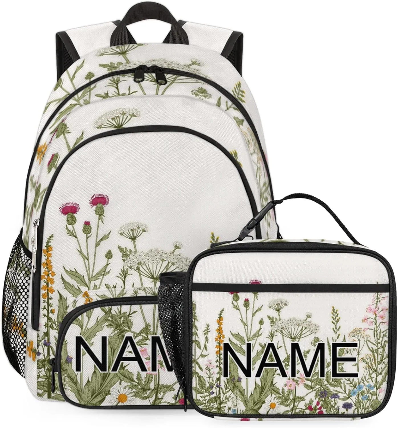 Custom Colorful Wildflower Backpack and Lunch Box Set Personalized Backpack with Name, Customized Flower Floral Lightweight Waterproof Travel Casual Daypacks
