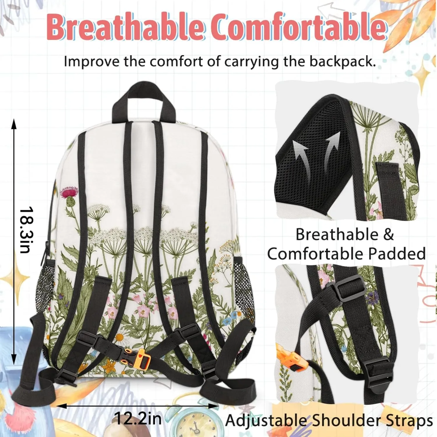 Custom Colorful Wildflower Backpack and Lunch Box Set Personalized Backpack with Name, Customized Flower Floral Lightweight Waterproof Travel Casual Daypacks