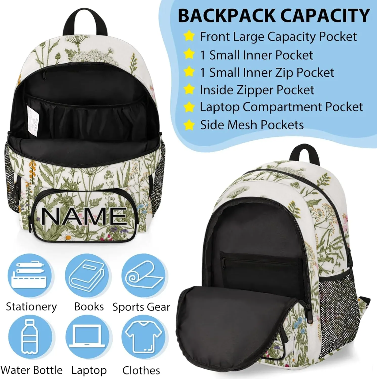 Custom Colorful Wildflower Backpack and Lunch Box Set Personalized Backpack with Name, Customized Flower Floral Lightweight Waterproof Travel Casual Daypacks
