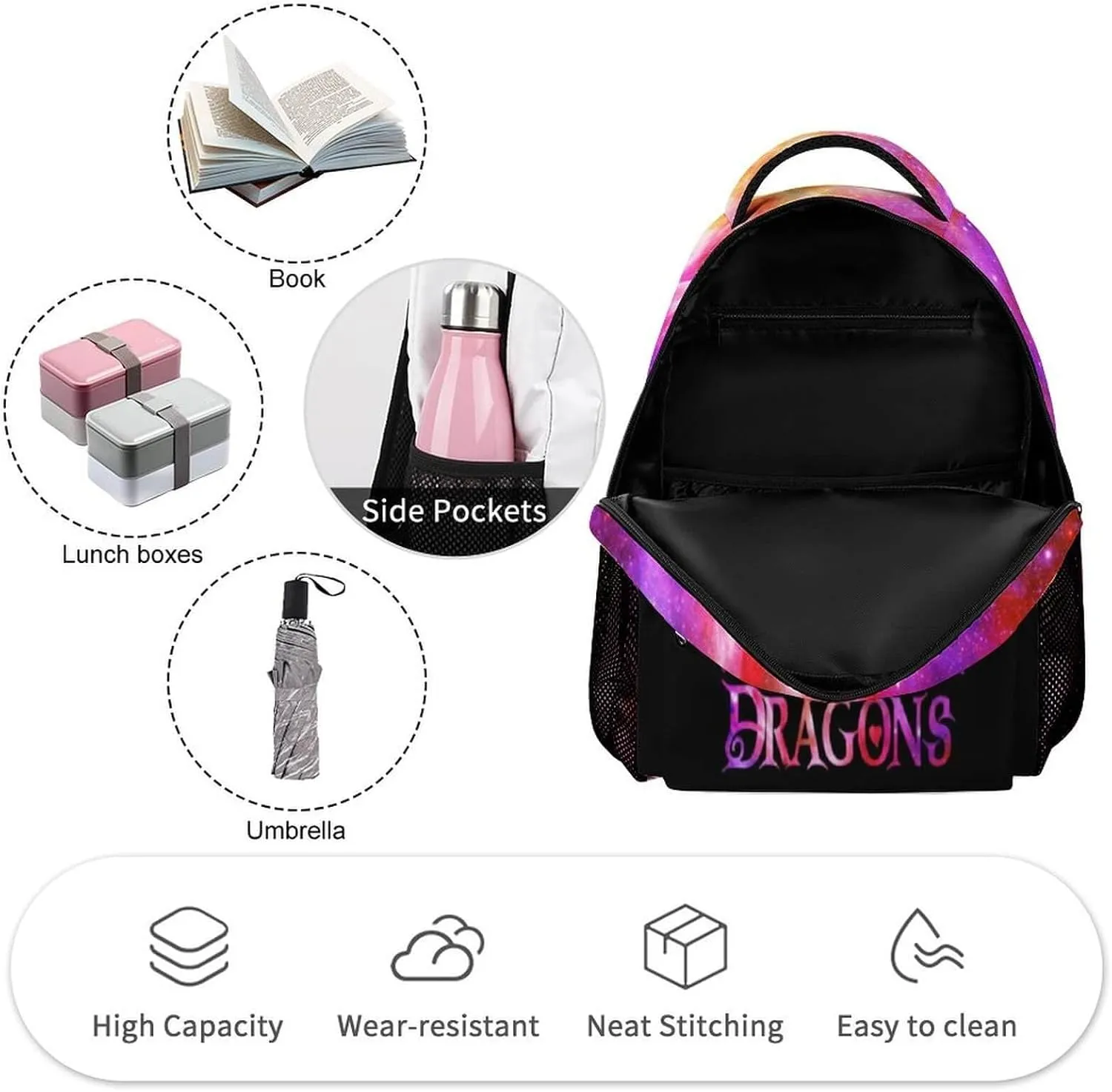 Custom Dragon School Backpack, 16 Inch Cute Dragon Themed Bookbag for Kids Girls Boys, Personalized School Backpack for Students Children, Lightweight, Large Capacity