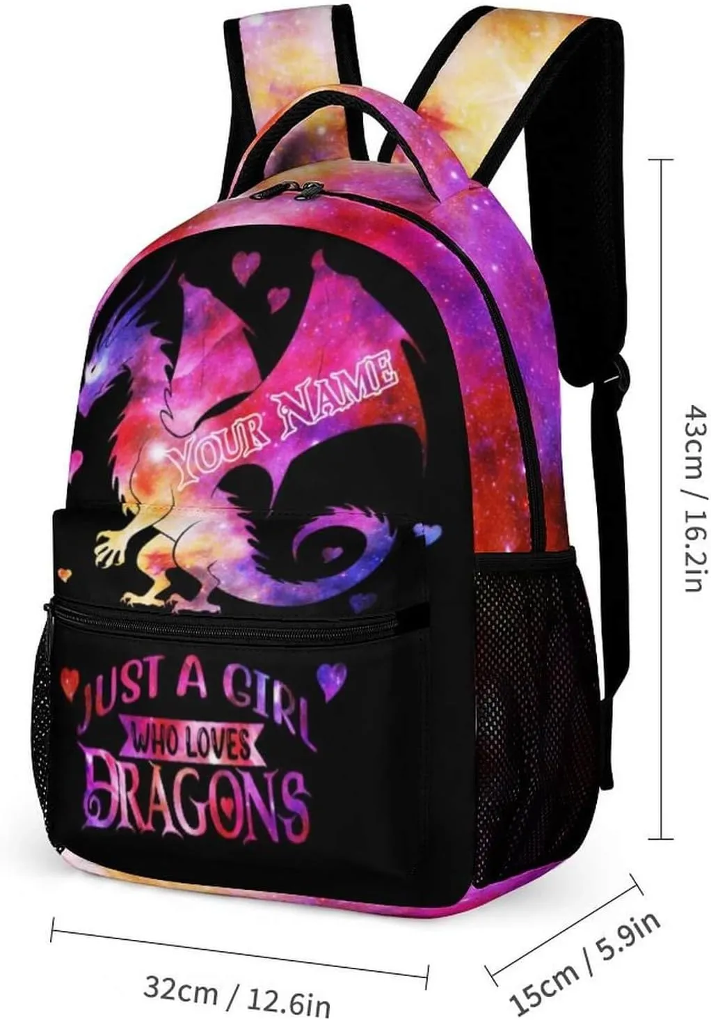 Custom Dragon School Backpack, 16 Inch Cute Dragon Themed Bookbag for Kids Girls Boys, Personalized School Backpack for Students Children, Lightweight, Large Capacity