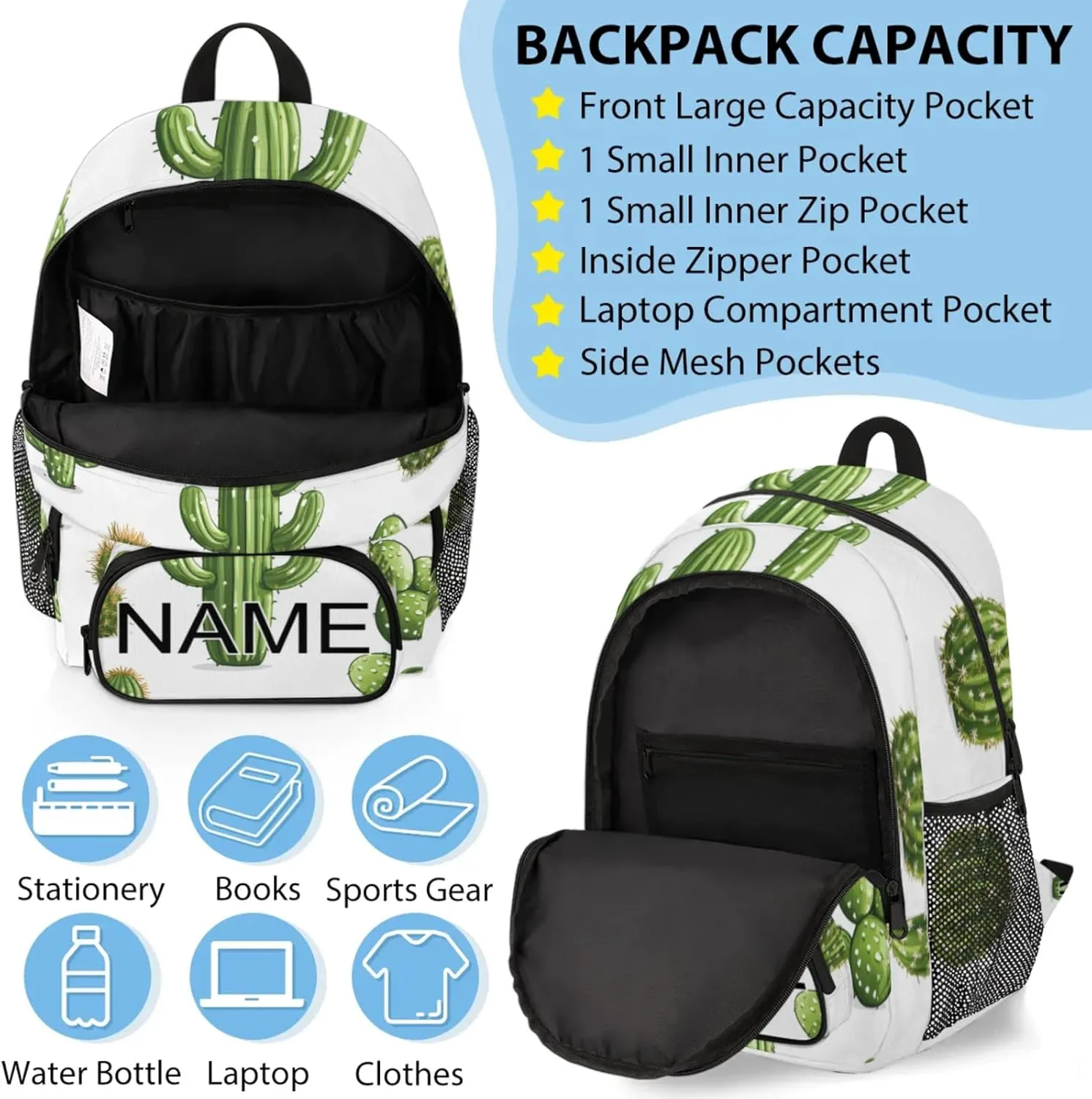 Custom Green Plant Cactus Backpack and Lunch Box Set Personalized Backpack with Name, Customized Simple Modern Lightweight Waterproof Travel Casual Daypacks