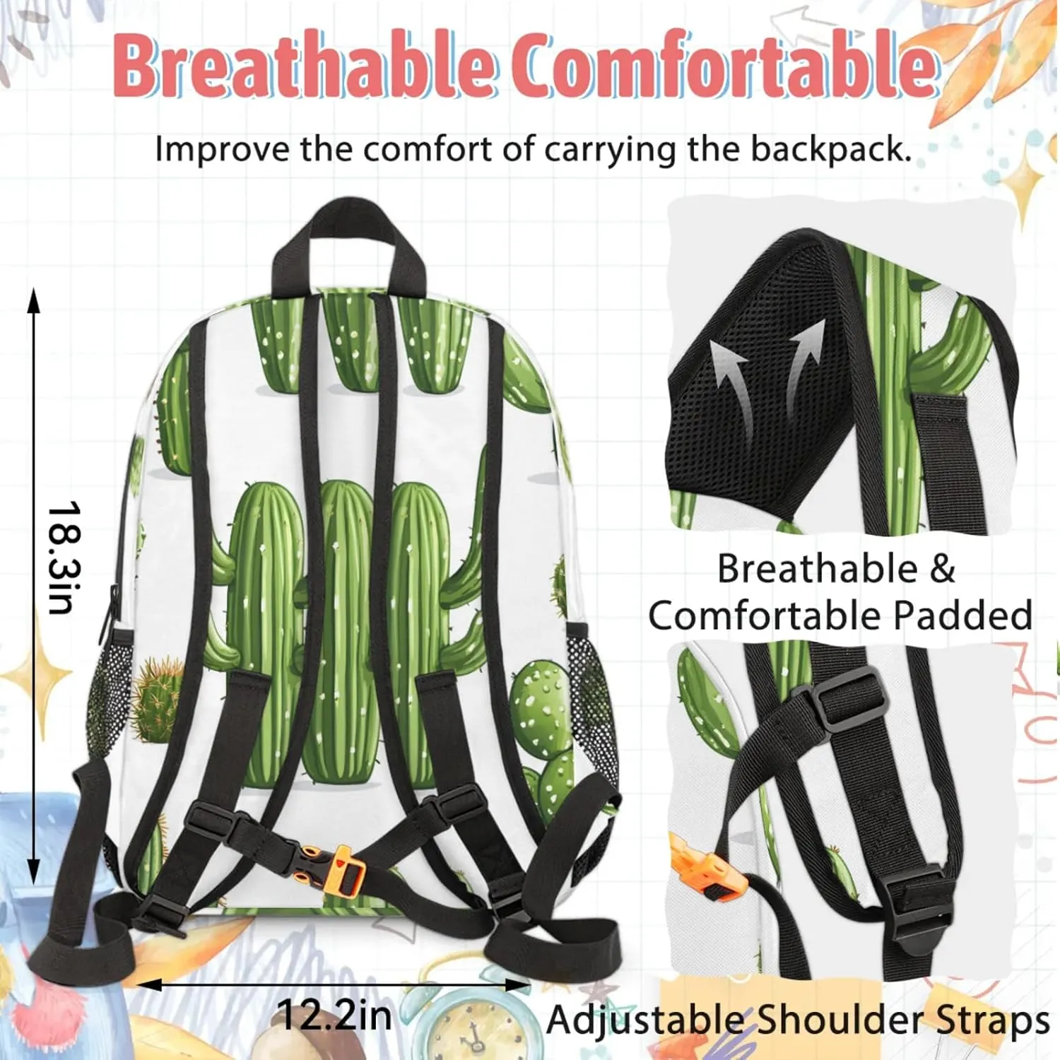 Custom Green Plant Cactus Backpack and Lunch Box Set Personalized Backpack with Name, Customized Simple Modern Lightweight Waterproof Travel Casual Daypacks