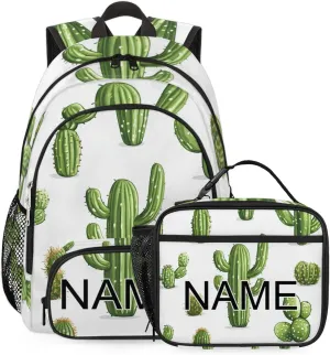 Custom Green Plant Cactus Backpack and Lunch Box Set Personalized Backpack with Name, Customized Simple Modern Lightweight Waterproof Travel Casual Daypacks