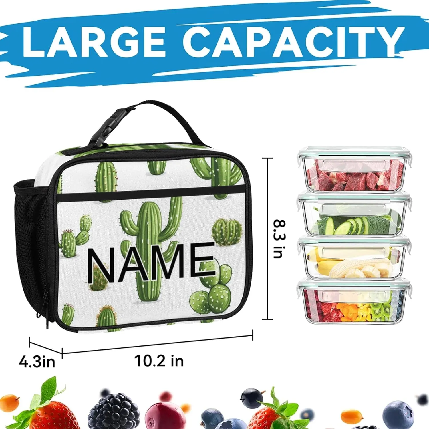 Custom Green Plant Cactus Backpack and Lunch Box Set Personalized Backpack with Name, Customized Simple Modern Lightweight Waterproof Travel Casual Daypacks