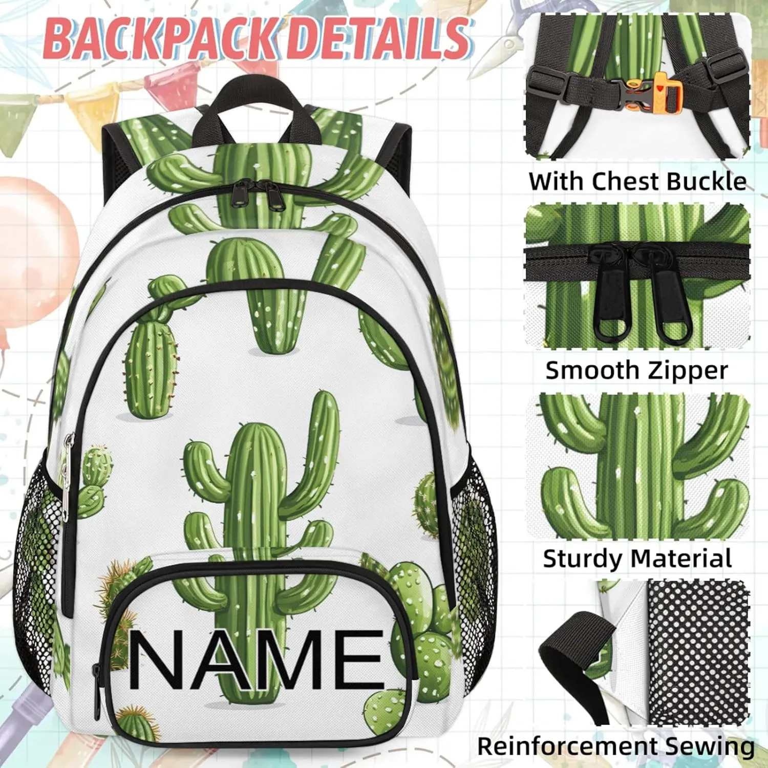 Custom Green Plant Cactus Backpack and Lunch Box Set Personalized Backpack with Name, Customized Simple Modern Lightweight Waterproof Travel Casual Daypacks