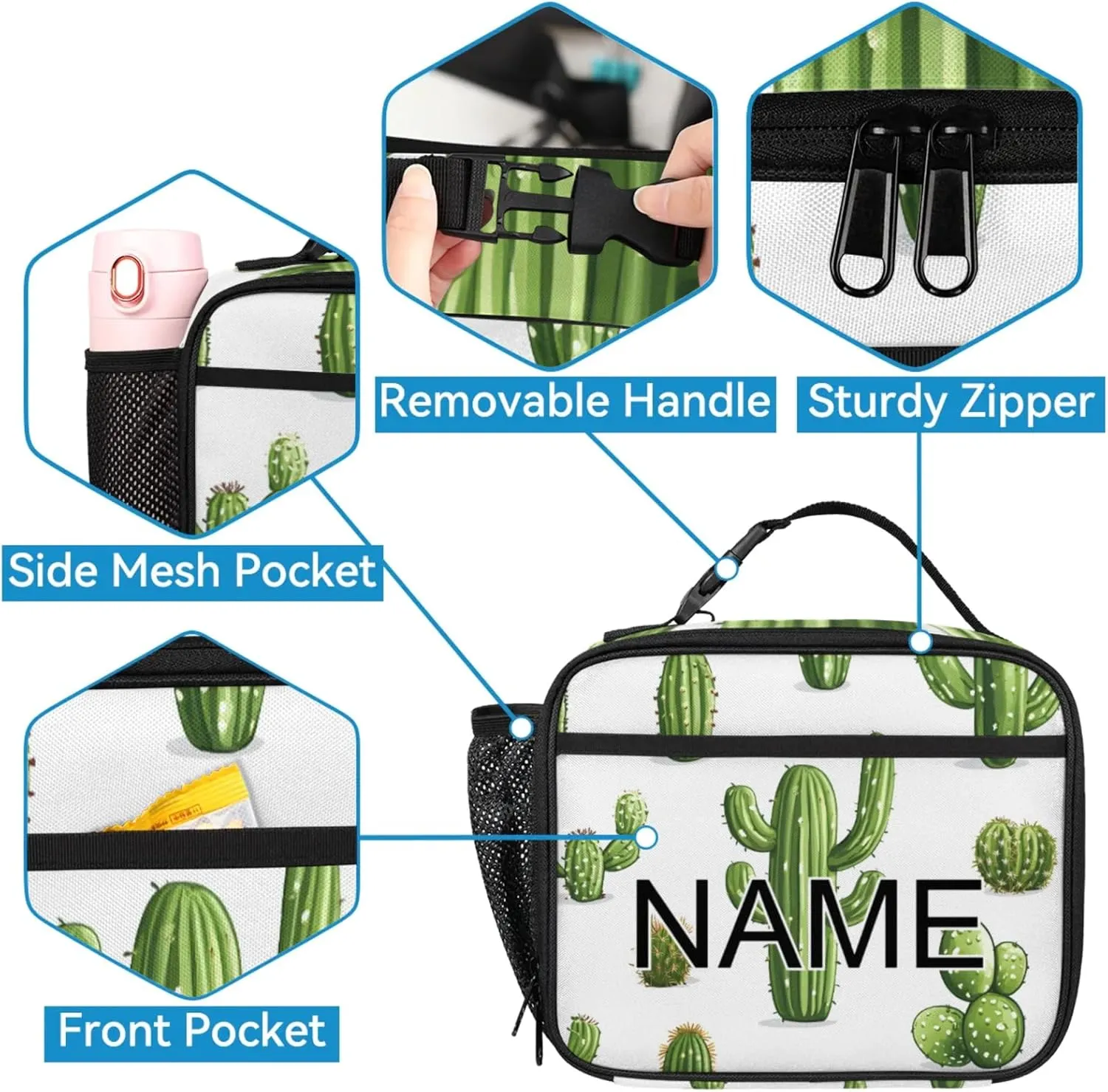 Custom Green Plant Cactus Backpack and Lunch Box Set Personalized Backpack with Name, Customized Simple Modern Lightweight Waterproof Travel Casual Daypacks