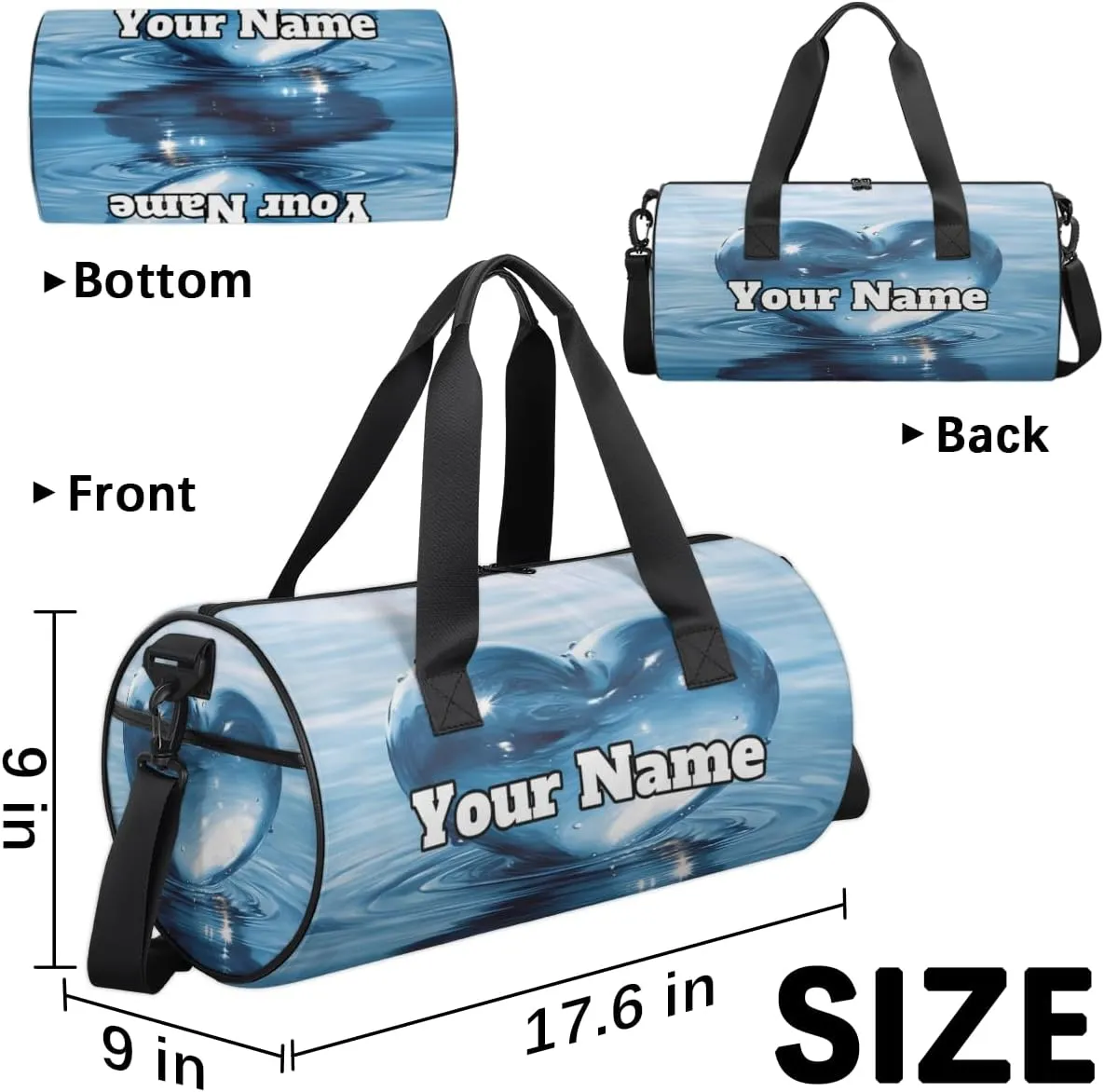 Custom Gym Bag for Women Men with Name, Personalized Heart Duffel Bag for Sports, Waterproof Dance Bag, Lightweight Carryon Gym Bag, Water