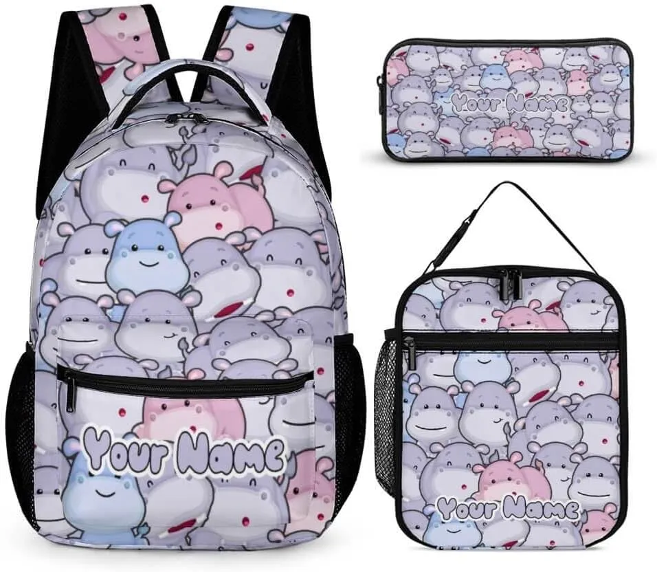 Custom Hippo Backpack with Lunch Box & Pencil Case for Kids Girls Boys School, 16 Inch Cute Hippos Bookbag, School Backpack for Students Children, Lightweight, Large Capacity