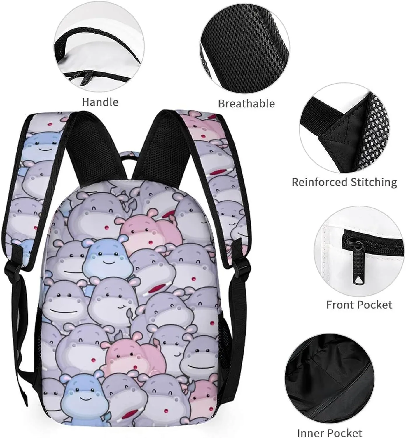 Custom Hippo Backpack with Lunch Box & Pencil Case for Kids Girls Boys School, 16 Inch Cute Hippos Bookbag, School Backpack for Students Children, Lightweight, Large Capacity