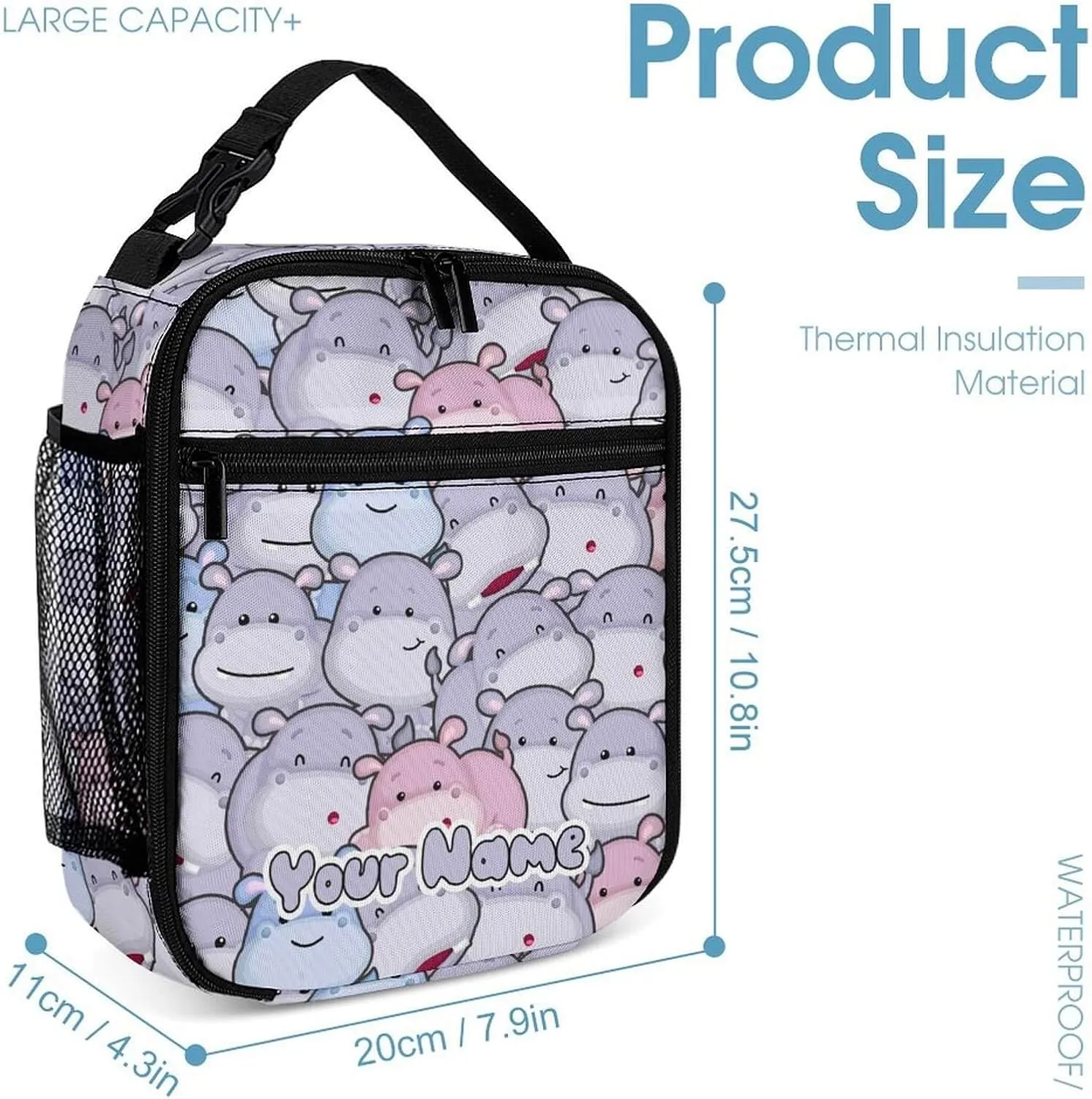 Custom Hippo Backpack with Lunch Box & Pencil Case for Kids Girls Boys School, 16 Inch Cute Hippos Bookbag, School Backpack for Students Children, Lightweight, Large Capacity