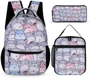 Custom Hippo Backpack with Lunch Box & Pencil Case for Kids Girls Boys School, 16 Inch Cute Hippos Bookbag, School Backpack for Students Children, Lightweight, Large Capacity