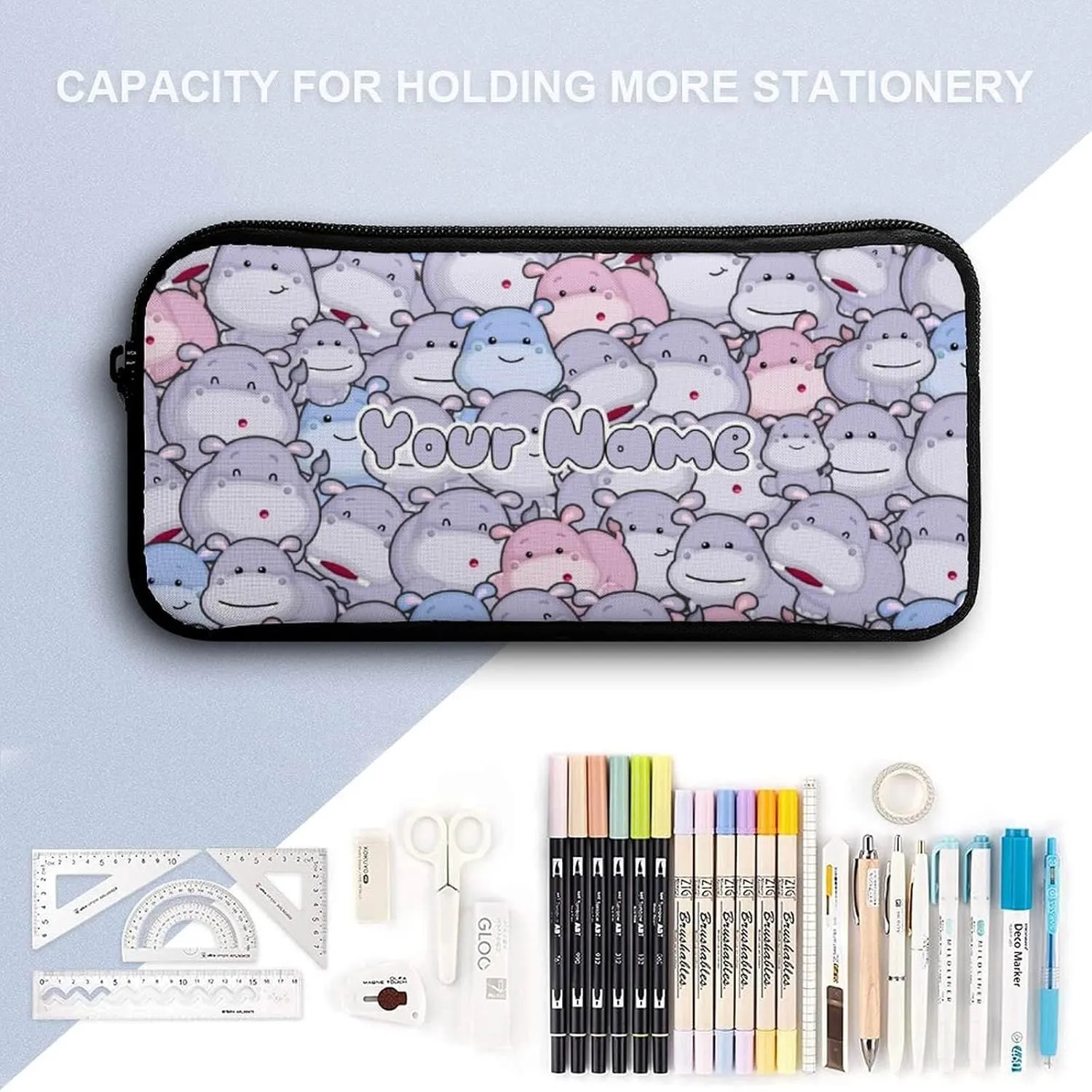 Custom Hippo Backpack with Lunch Box & Pencil Case for Kids Girls Boys School, 16 Inch Cute Hippos Bookbag, School Backpack for Students Children, Lightweight, Large Capacity