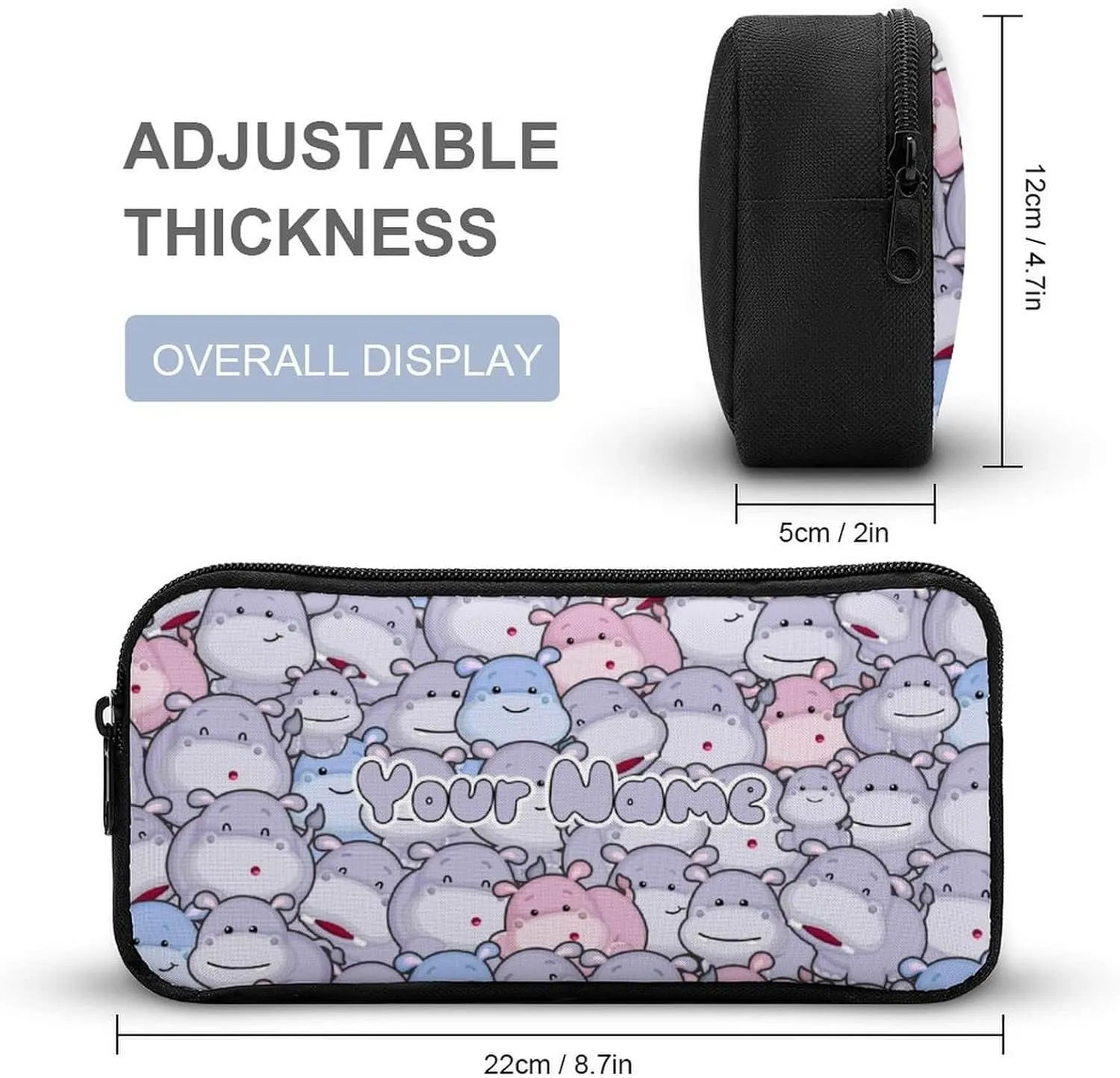 Custom Hippo Backpack with Lunch Box & Pencil Case for Kids Girls Boys School, 16 Inch Cute Hippos Bookbag, School Backpack for Students Children, Lightweight, Large Capacity