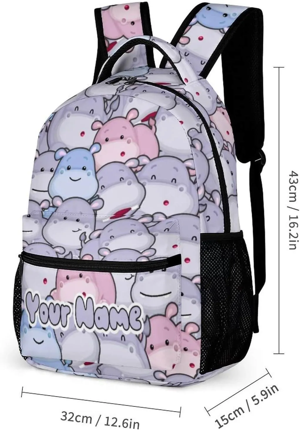 Custom Hippo Backpack with Lunch Box & Pencil Case for Kids Girls Boys School, 16 Inch Cute Hippos Bookbag, School Backpack for Students Children, Lightweight, Large Capacity