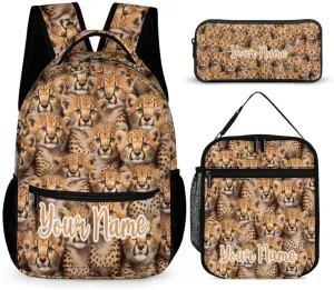 Custom Leopard Backpack with Lunch Box & Pencil Case for Kids Girls Boys School, 16 Inch Cute Cheetah Bookbag, School Backpack for Students Children, Lightweight, Large Capacity
