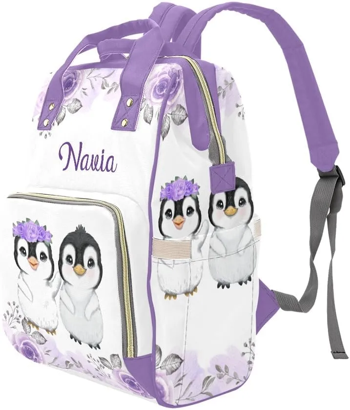 Custom Name Diaper Bag Backpack Cute Penguin Floral Clear Up Clutter: Big Capacity Waterproof Bag with Extra Compartments