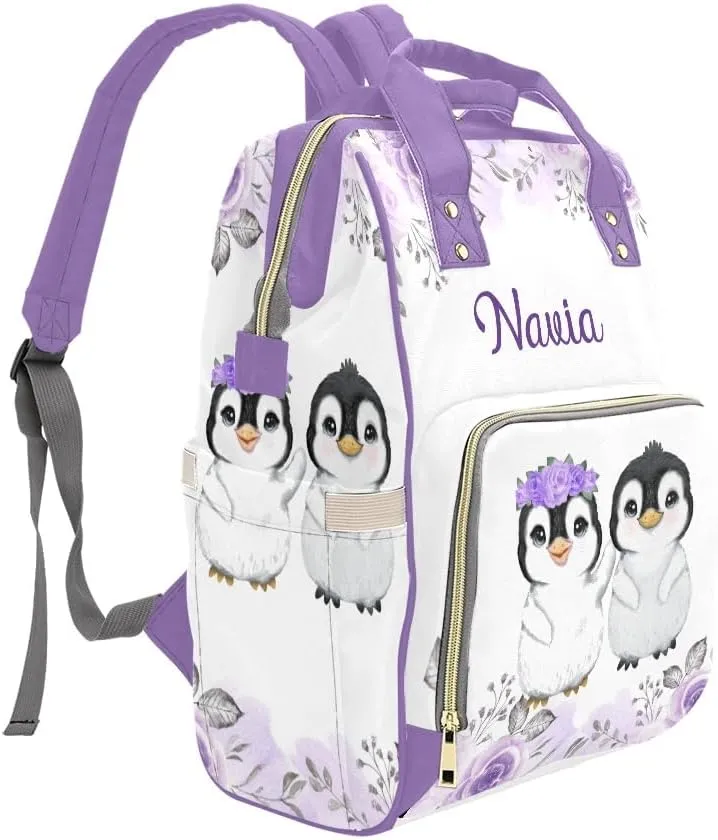 Custom Name Diaper Bag Backpack Cute Penguin Floral Clear Up Clutter: Big Capacity Waterproof Bag with Extra Compartments