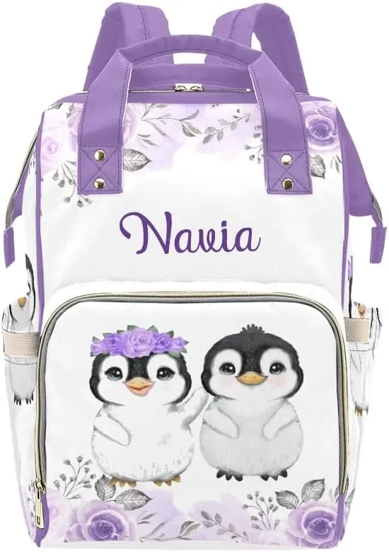 Custom Name Diaper Bag Backpack Cute Penguin Floral Clear Up Clutter: Big Capacity Waterproof Bag with Extra Compartments