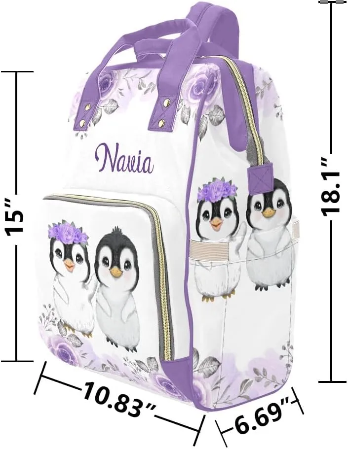 Custom Name Diaper Bag Backpack Cute Penguin Floral Clear Up Clutter: Big Capacity Waterproof Bag with Extra Compartments