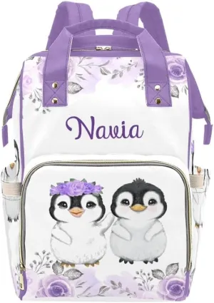 Custom Name Diaper Bag Backpack Cute Penguin Floral Clear Up Clutter: Big Capacity Waterproof Bag with Extra Compartments