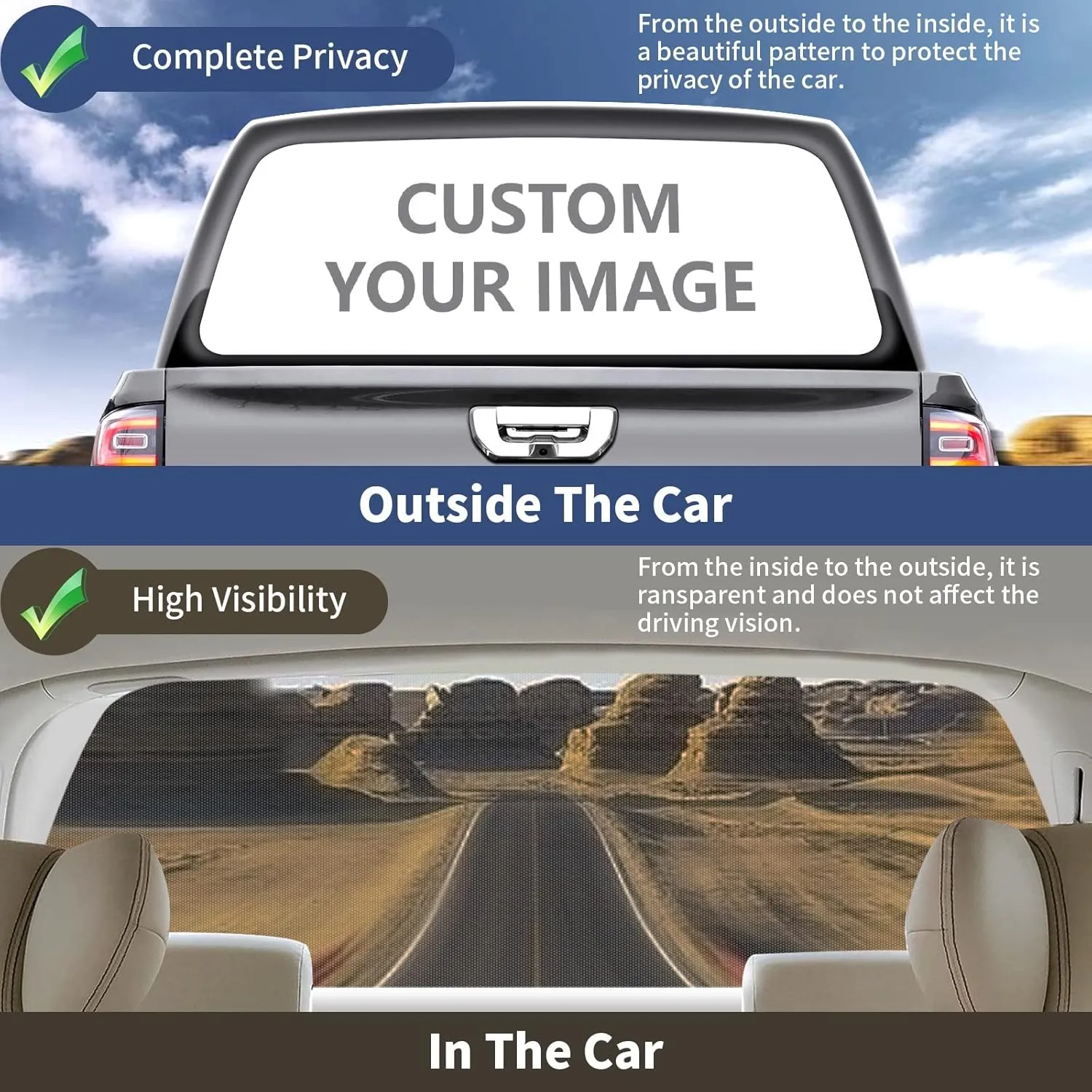 Custom Rear Window Graphic Decals for Trucks - Personalized Pickup Car Stickers 66" x 22" - Perforated Vinyl Film - Design Your Own Back Window Graphic