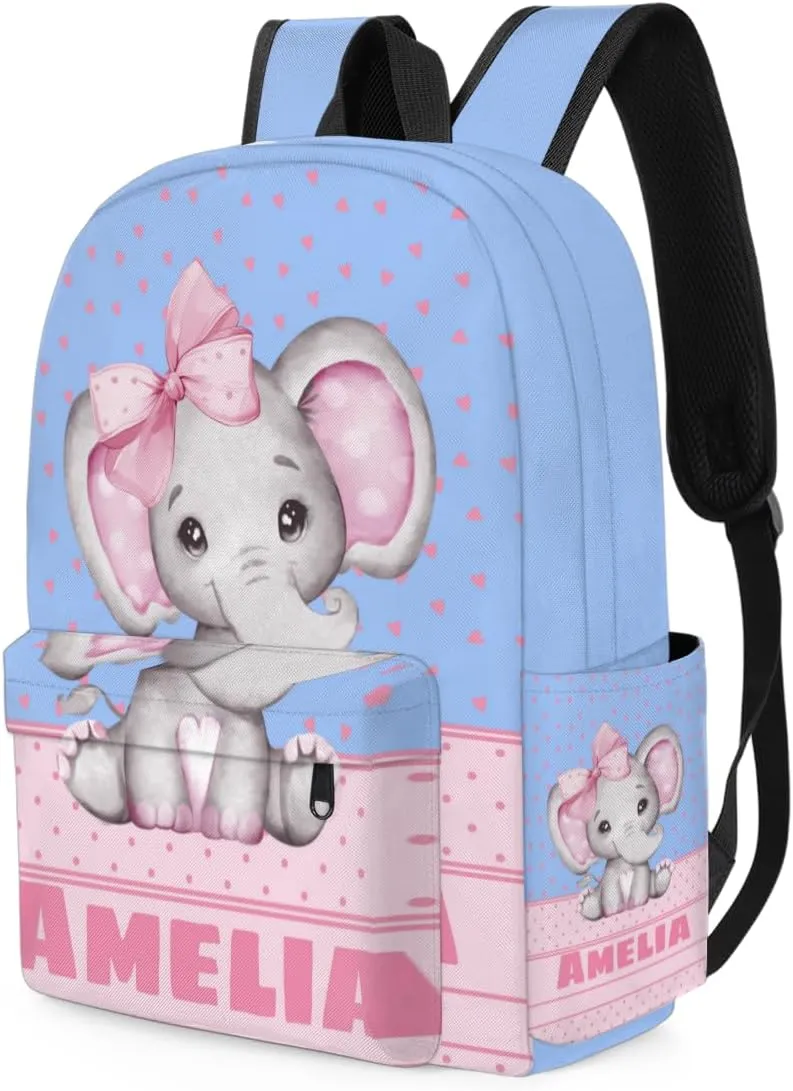 Custom Shoulder Bag with Name, Personalized Backpack Customized Casual Bag Pink Elephant with Bow Tie, Love Hearts, Sky Blue