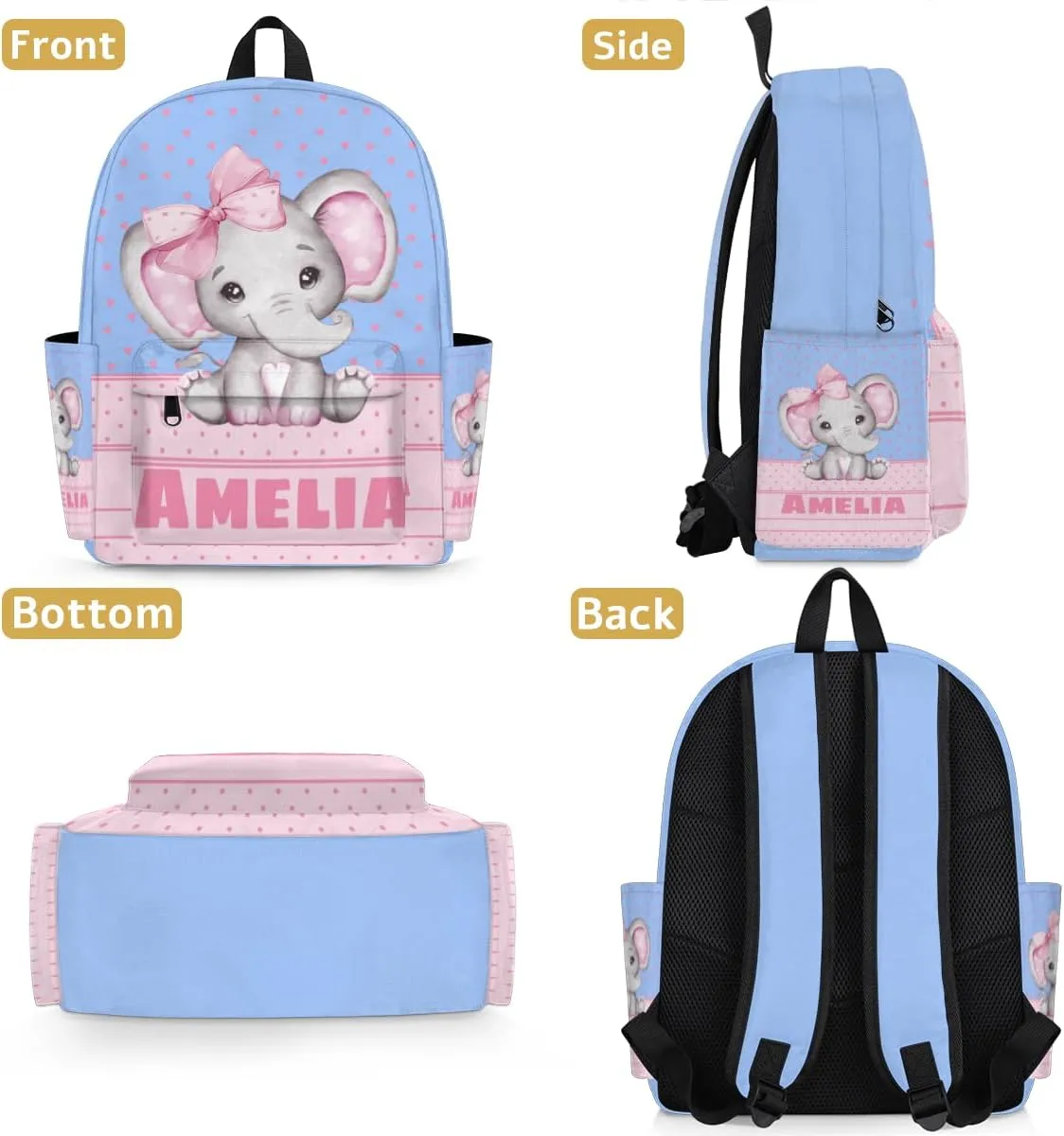 Custom Shoulder Bag with Name, Personalized Backpack Customized Casual Bag Pink Elephant with Bow Tie, Love Hearts, Sky Blue