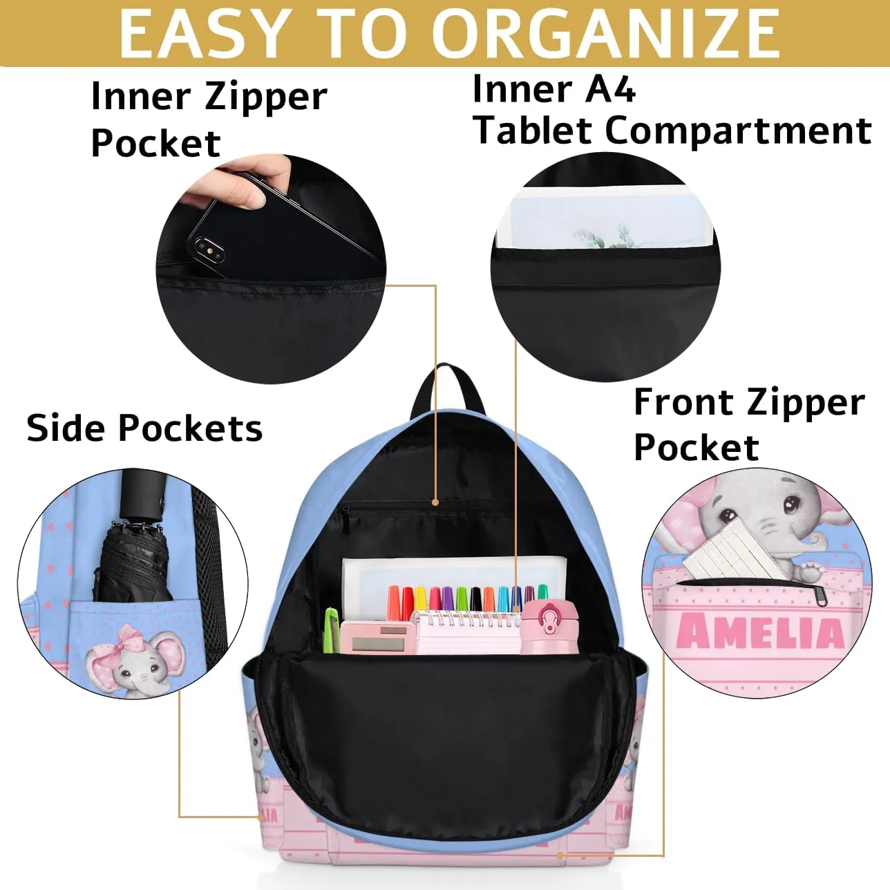 Custom Shoulder Bag with Name, Personalized Backpack Customized Casual Bag Pink Elephant with Bow Tie, Love Hearts, Sky Blue
