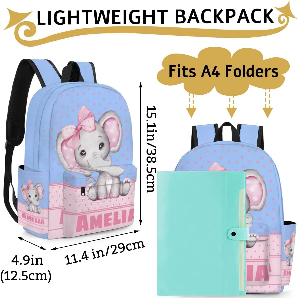 Custom Shoulder Bag with Name, Personalized Backpack Customized Casual Bag Pink Elephant with Bow Tie, Love Hearts, Sky Blue