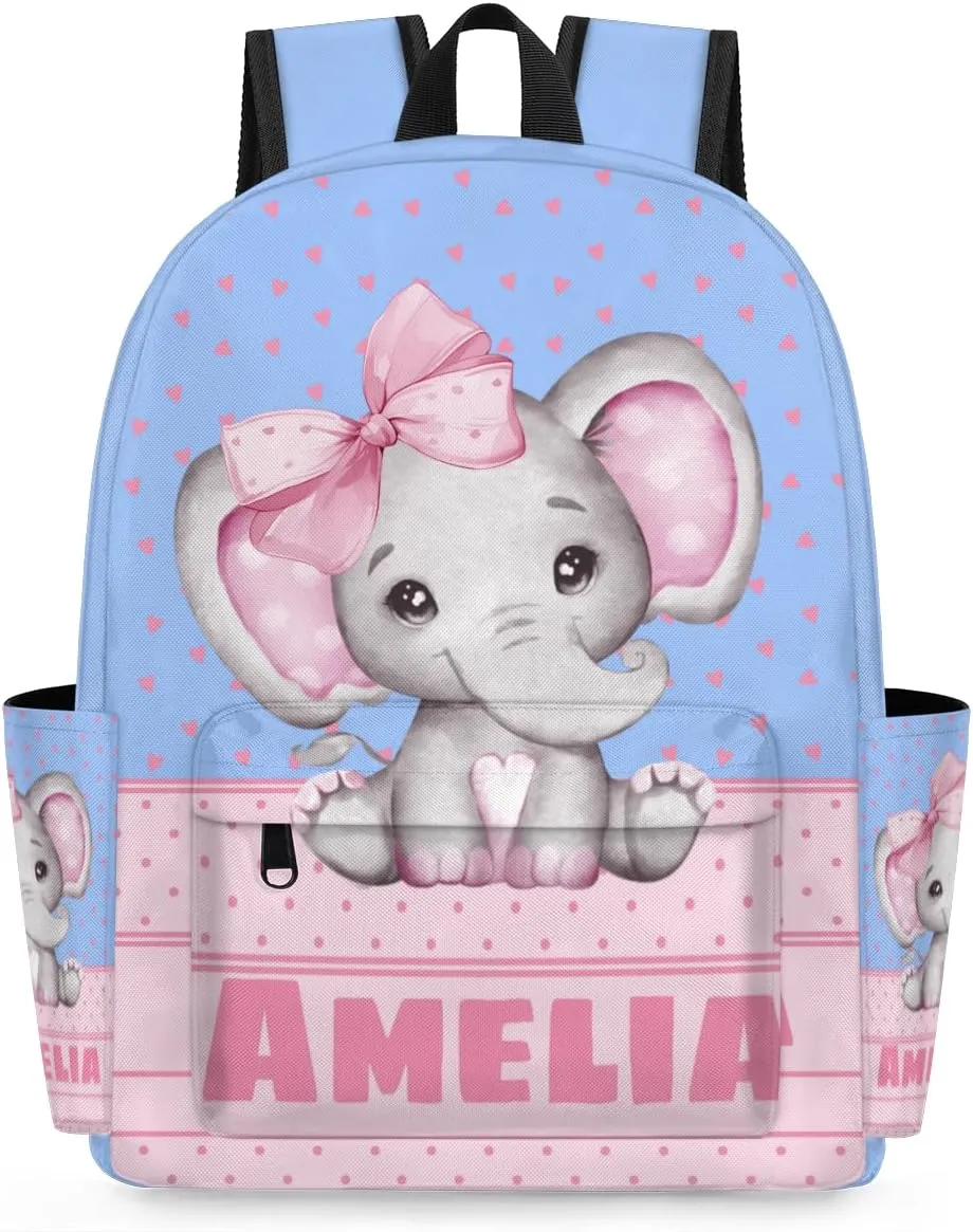 Custom Shoulder Bag with Name, Personalized Backpack Customized Casual Bag Pink Elephant with Bow Tie, Love Hearts, Sky Blue